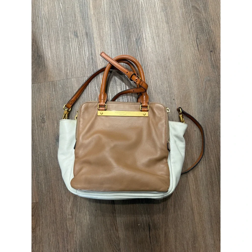 Marc by Marc Jacobs Tri-Color Leather Satchel Crossbody Bag Tan Cream Gold